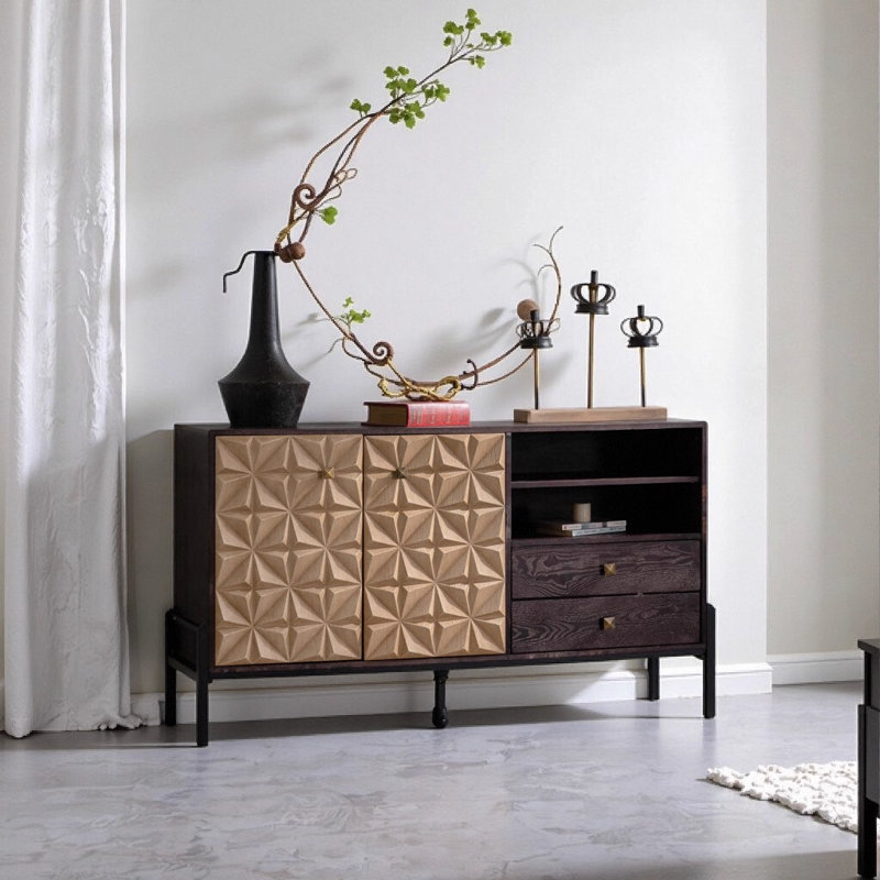 Buffet Mid-Century en bois massif à motif géométrique, 2 portes et 2 tiroirs