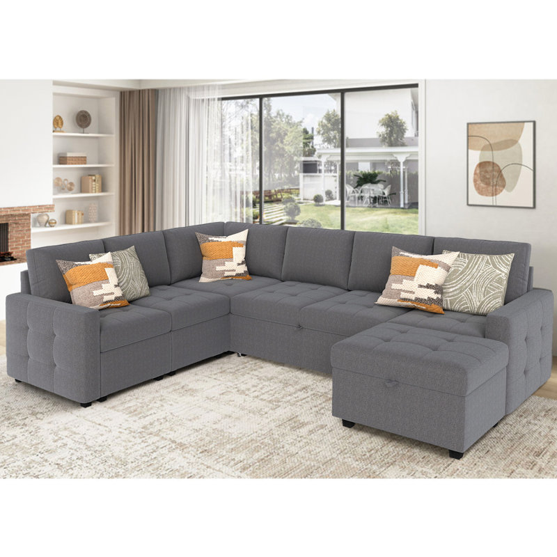 7-Piece U-Shaped Sectional Sofa Bed Pull Out Sleeper Couch With Storage Ottoman, Gray