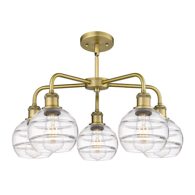Lustre rond / ovale à abat-jour 5 lumières, Transparent, H 13,38 po x l 23,88 po x P 23,88 po, Laiton brossé