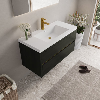 Meuble-lavabo mural de 42 pouces avec comptoir et lavabo en pierre reconstituée, armoire en bois expresso, 2 tiroirs