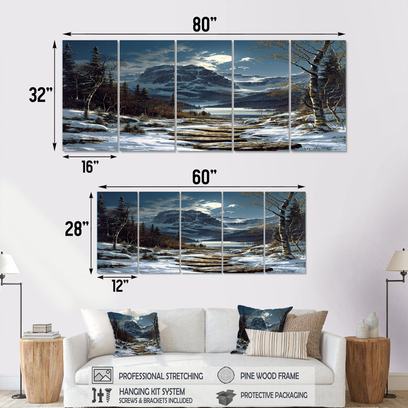 Chemin de pierre à travers la forêt de montagne hivernale - forêt, art mural 5 pièces, H 32 po x l 80 po