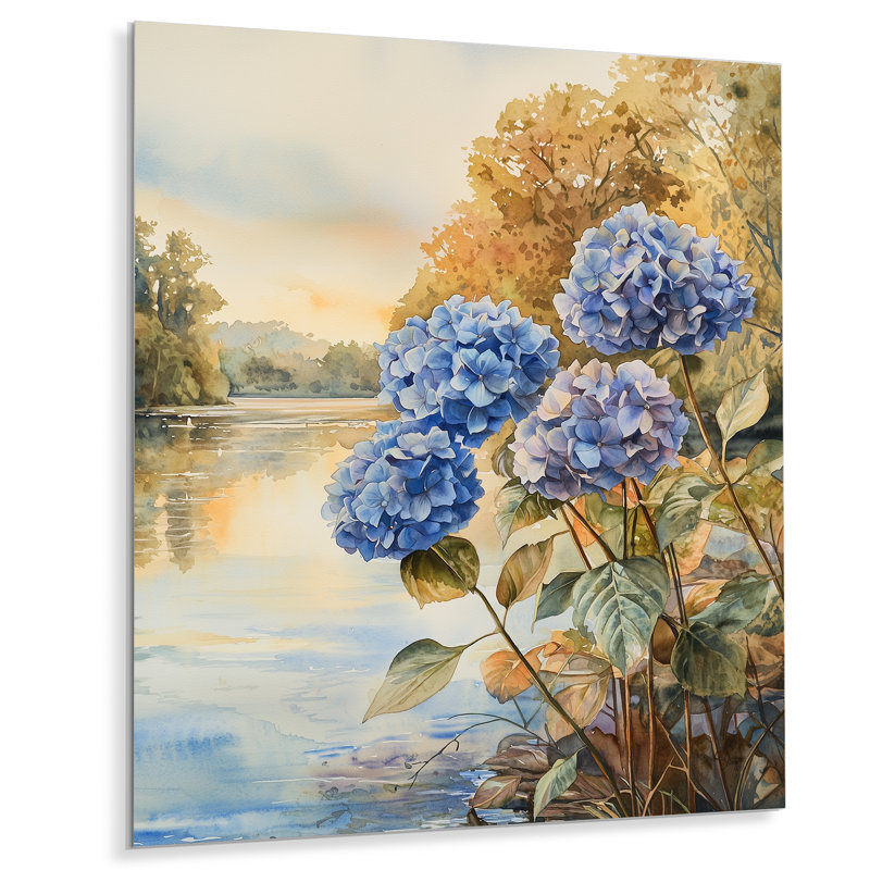 Hydrangées par la rivière II - Hydrangées, art mural en métal pour le salon, H 20 po x l 12 po