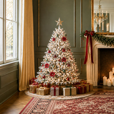 Sapin de Noël floqué de 1,37 m avec 250 lumières certifiées UL et 24 pommes de pin naturelles