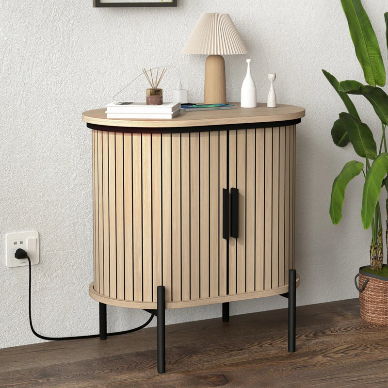 Parthenia 21.7" Mid-Century Modern Oval Nightstand, End Table With Fluted Sliding Doors And Built-In USB Charging Port, Oak