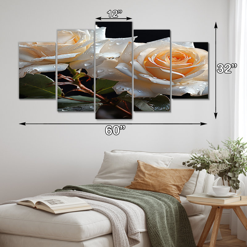 White Roses Romantic Impression I - Art mural sur toile florale - 5 panneaux