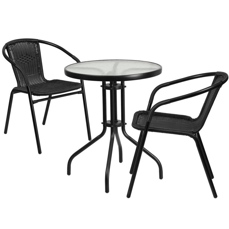 Amlie 23.75" Round Glass Metal Table with 2 Rattan Stack Chairs