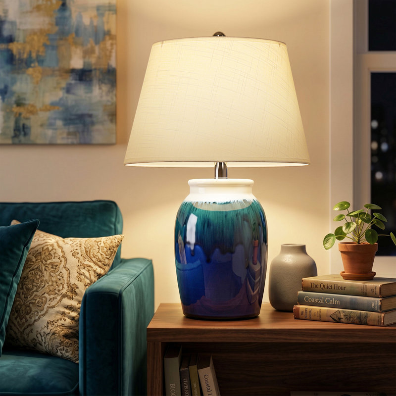 Lampe de table moderne en céramique 25 po, lampe de chevet bleu et vert pour table de chevet