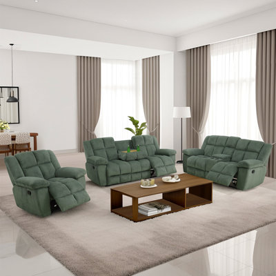 3-Piece Premium Corduroy Manual Recliner Sofa Set With Drop-Down Coffee Table,Cup Holders,And Storage Console