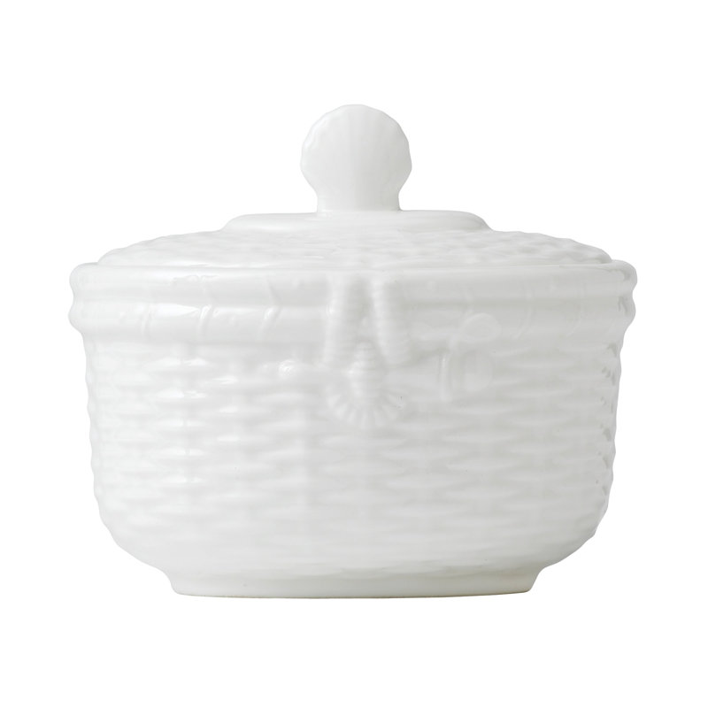 White Fine Bone China Embossed Sugar Bowl with Lid
