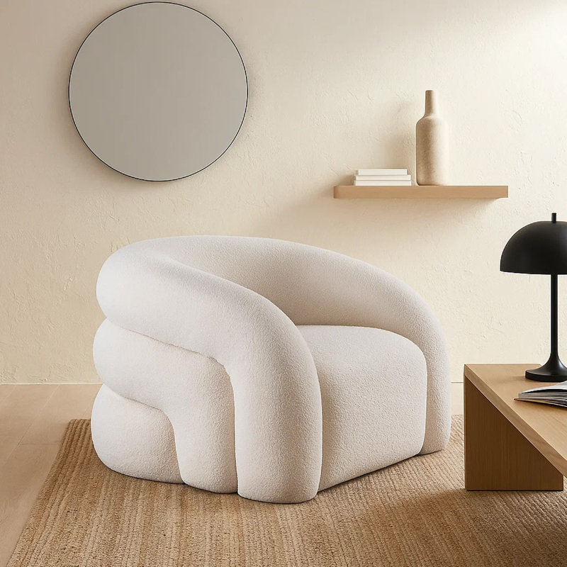 Fauteuil d'appoint pivotant Veny, tissu sherpa ivoire, dossier arrondi