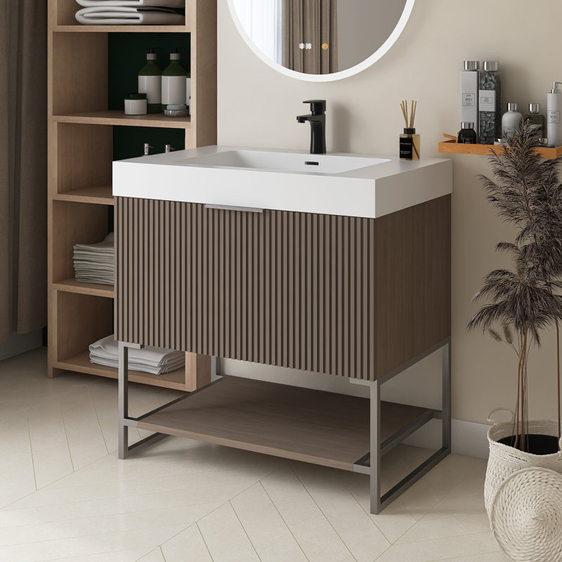 30 po X P 20 po P x 33 po Meuble-lavabo autoportant simple H en chêne brun avec plateau en acrylique blanc