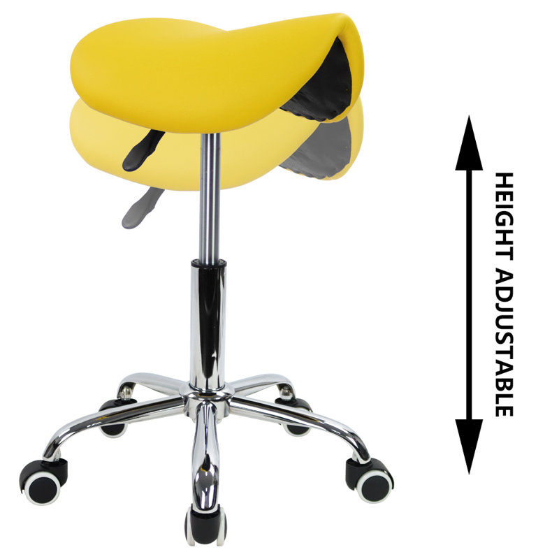 Yellow PU Leather Adjustable Swivel Saddle Stool with Wheels