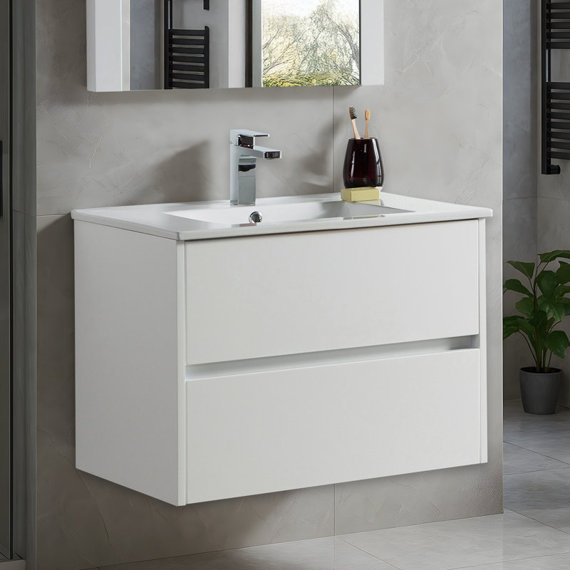 Meuble-lavabo mural simple 30 po avec lavabo en céramique, Blanc lustré