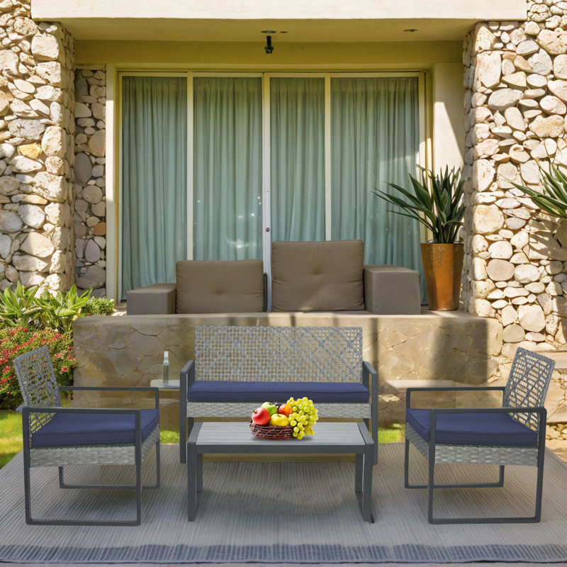 Mondy Acacia 4 - Person Patio Conversation Set with Cushions, Blue, Light Gray