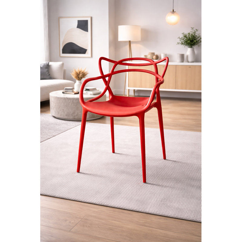 Modern Plastic Outdoor Dining Arm Chair – Stackable, Lightweight, Weather-Resistant Patio Seating, Red