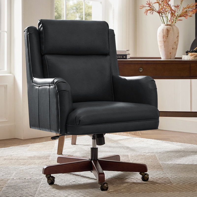 Chaise de bureau inclinable et pivotante en cuir véritable Heeg, Noir
