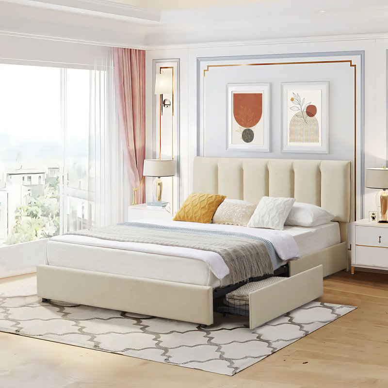 Cahlin Full Storage Bed Frame Velvet Upholstered Platform Bed with 4 Storage Drawer, Adjustable Headboard and Wood Slat Support, Beige