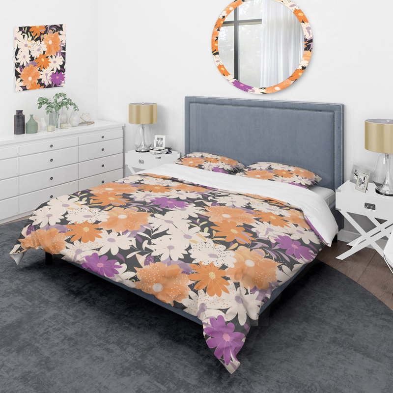 Fleurs orange et crème - Ensemble de housse de couette Cabin & Lodge, Housse de couette pour très grand lit et 2 très