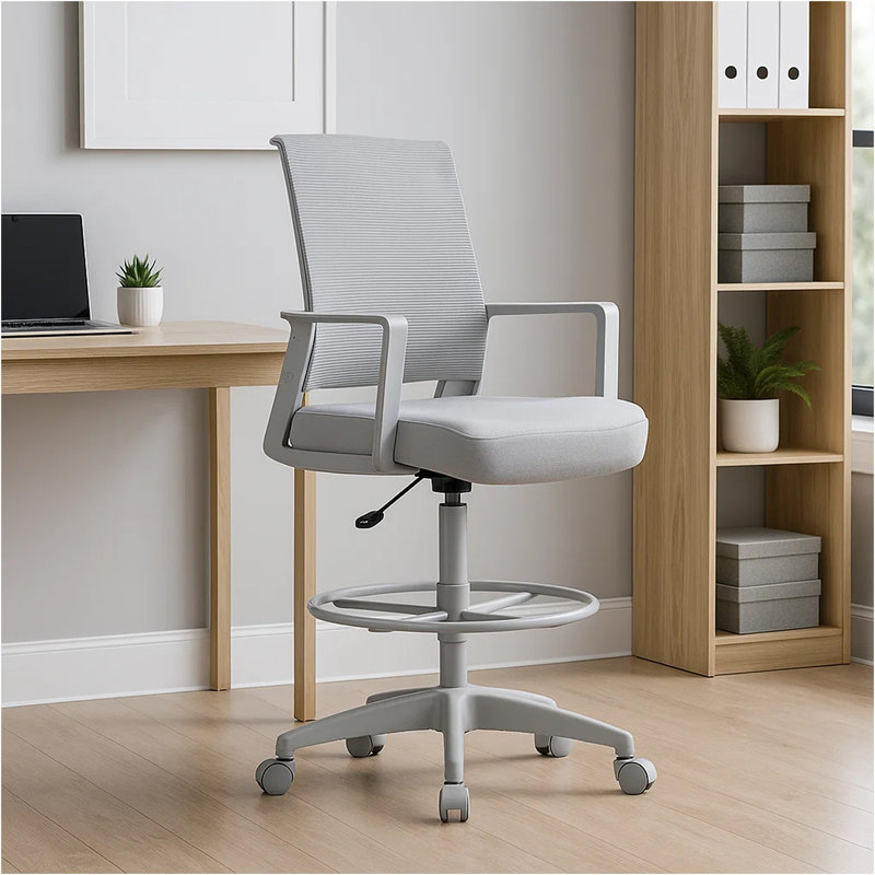 Tabouret de dessin pivotant, accoudoirs fixes, dossier en filet gris, repose-pieds chromé