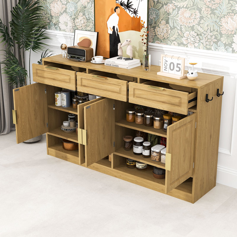 Buffet moderne avec tablettes et tiroirs et compartiments de rangement ouverts, Natural