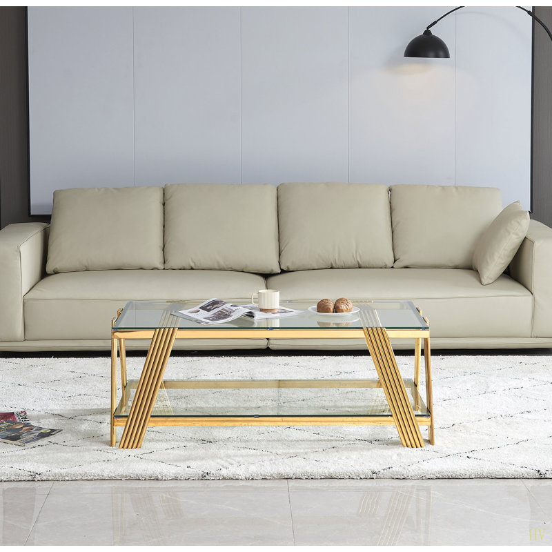 Table basse rectangulaire moderne en acier inoxydable de 47 po de largeur, table basse en verre trempé transparent à deux couches, table centrale avec rangement, pour le bureau à domicile, assemblage facile