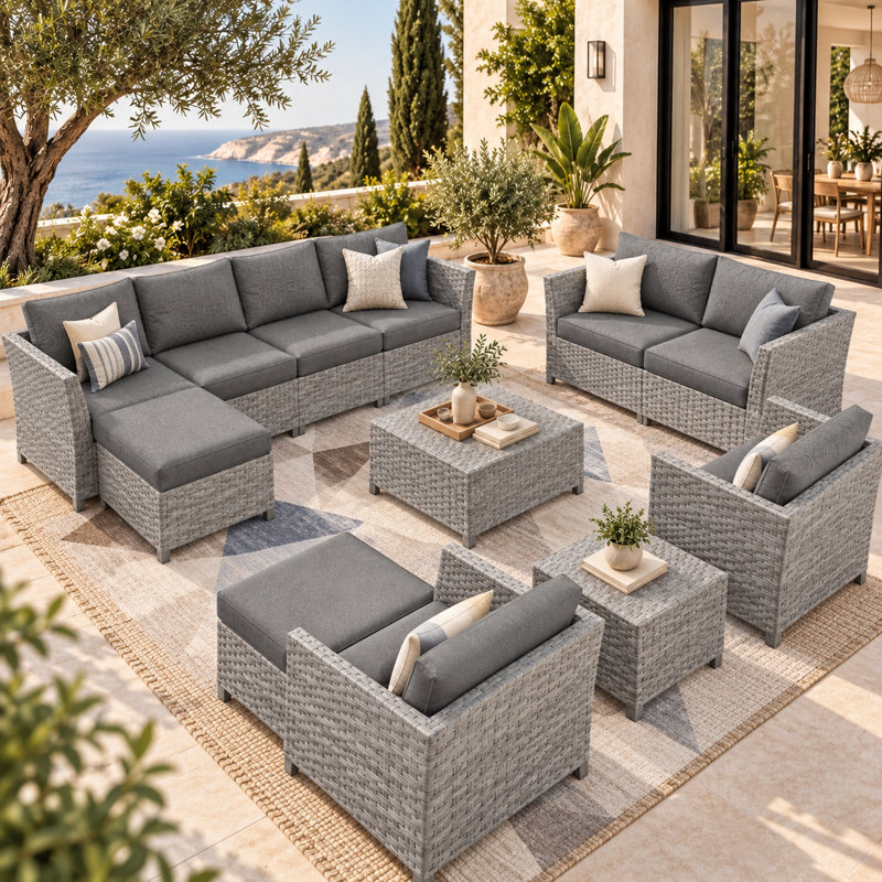 Ensemble de conversation modulaire en rotin avec coussins Paulsen, Oui, Gris, Gris