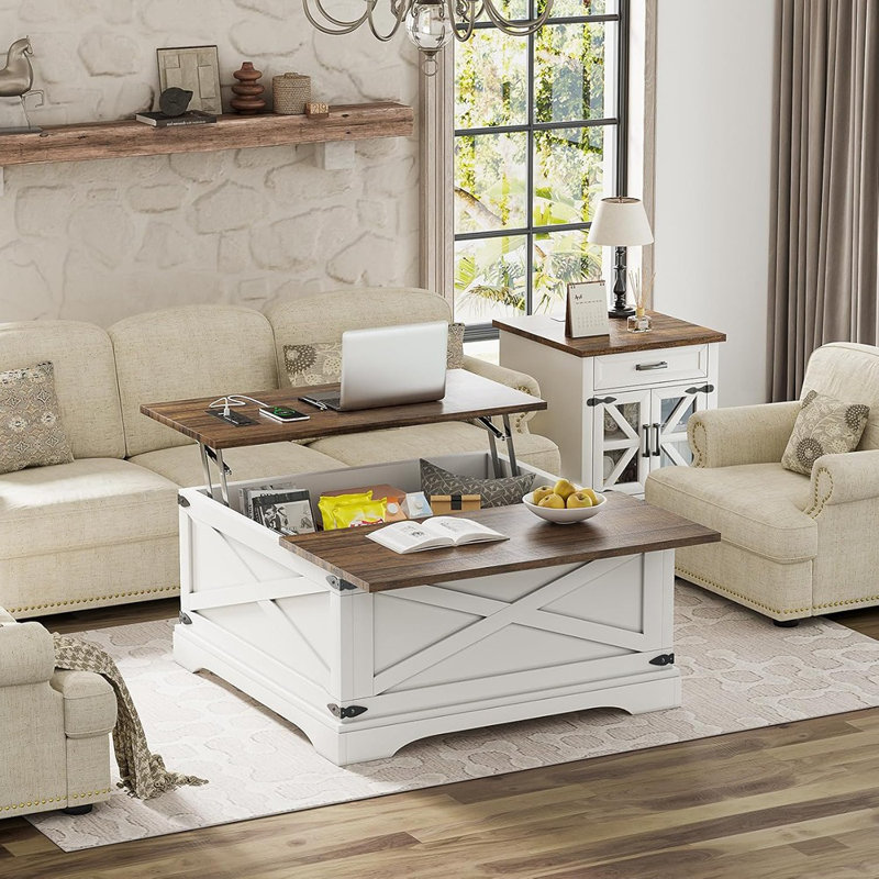 Table basse avec rangement, table basse carrée pour le salon avec ports de charge, table de salle à manger de ferme avec grand rangement caché, blanc, 31,5 po