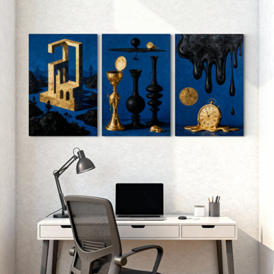 Abstract Surreal Landscape Golden Clocks Melting Time Set of 3 Canvas Wall Art Prints