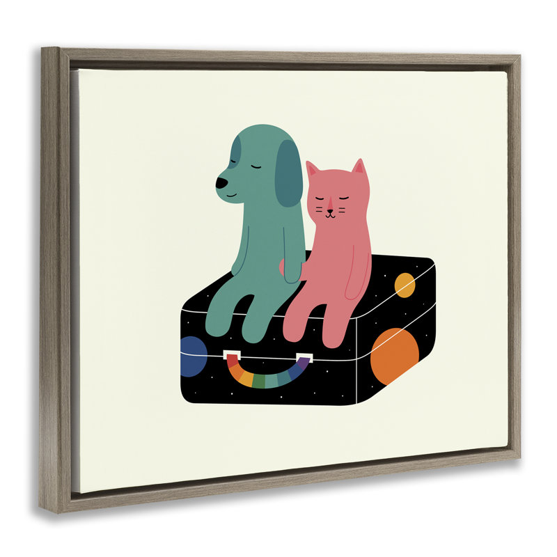 Chat et chien sur une valise, art mural encadré flottant, design par Andy Westface, H 25 po x l 31 po