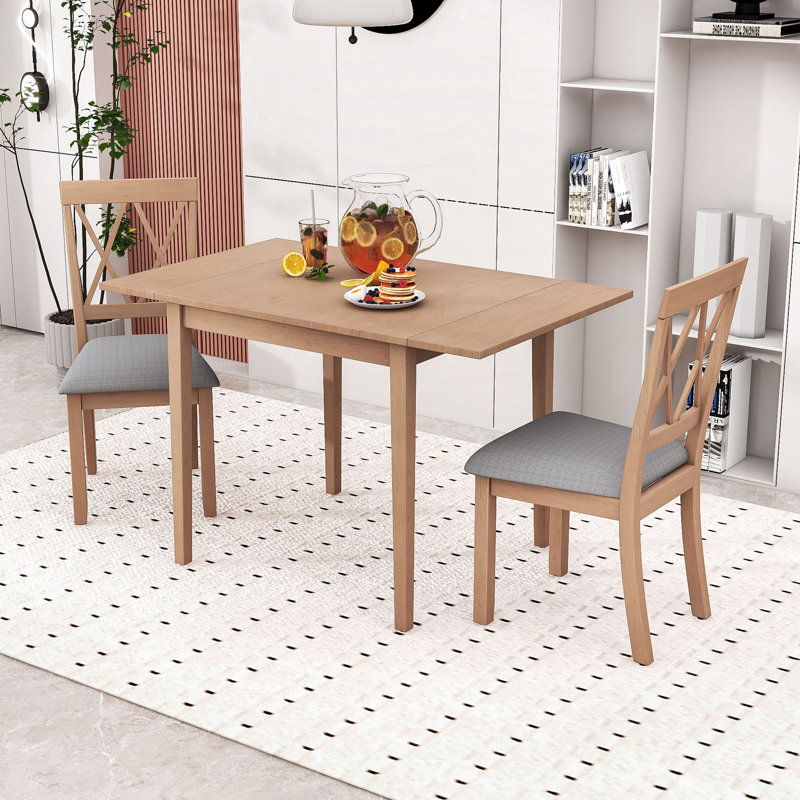 Space-Saving Extendable Dining Set – Foldable Drop Leaf Table with 2 Upholstered Chairs, Natural