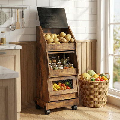 Potato and Onion Storage Bin Rustic Movable Bread Box with Wheels,Rustic Produce Organizer with Grocery Section and Ventilation Mesh, Vegetable & fruit Container Cabinet for Kitchen, Pantry(Rustic)