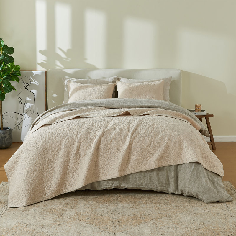 100% Cotton Quilt Set with Boho Stitched Detail, Full / Queen Quilt + 2 Standard Shams, Natural - Heirloom