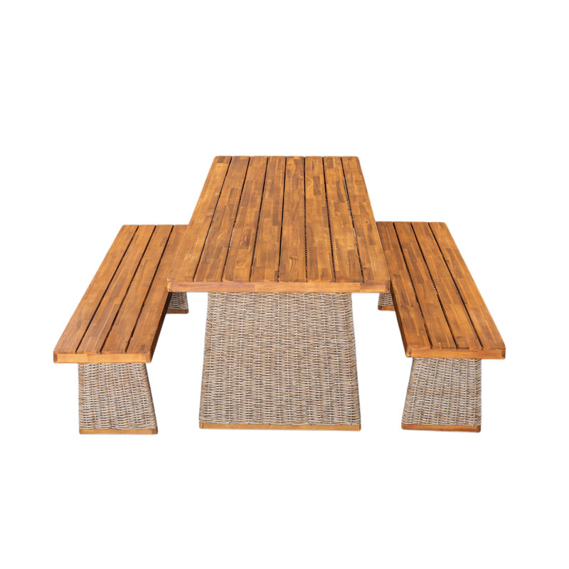 Ensemble repas d'extérieur 3 pièces en bois d'acacia avec pieds en rotin tissé à la main, 3 pièces: table, 2 bancs, Brun