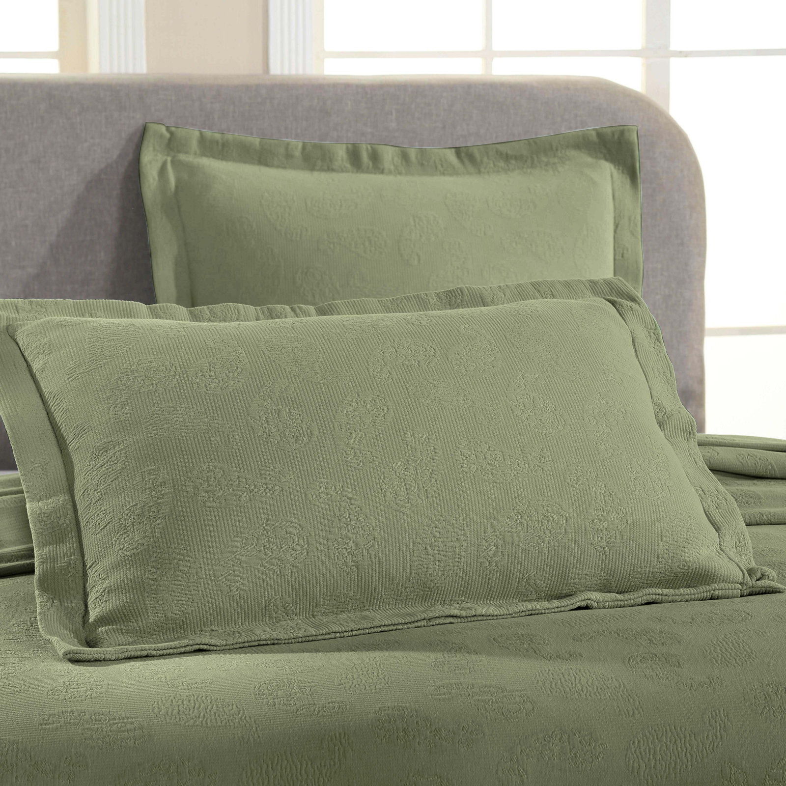 Cotton Bedspread Set, King Coverlet + 2 Standard Shams, Sage