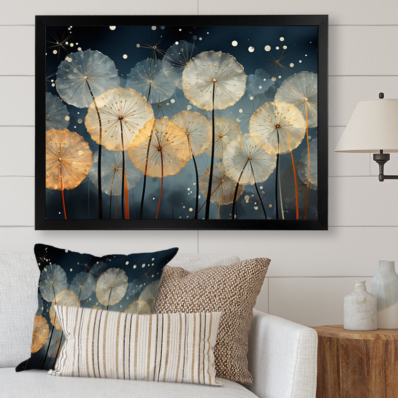 Blanc sarcelle pissenlit symphonie II - art mural pissenlit pour le salon, H 30 po x l 40 po x P 1,5 po, Cadre simple noir