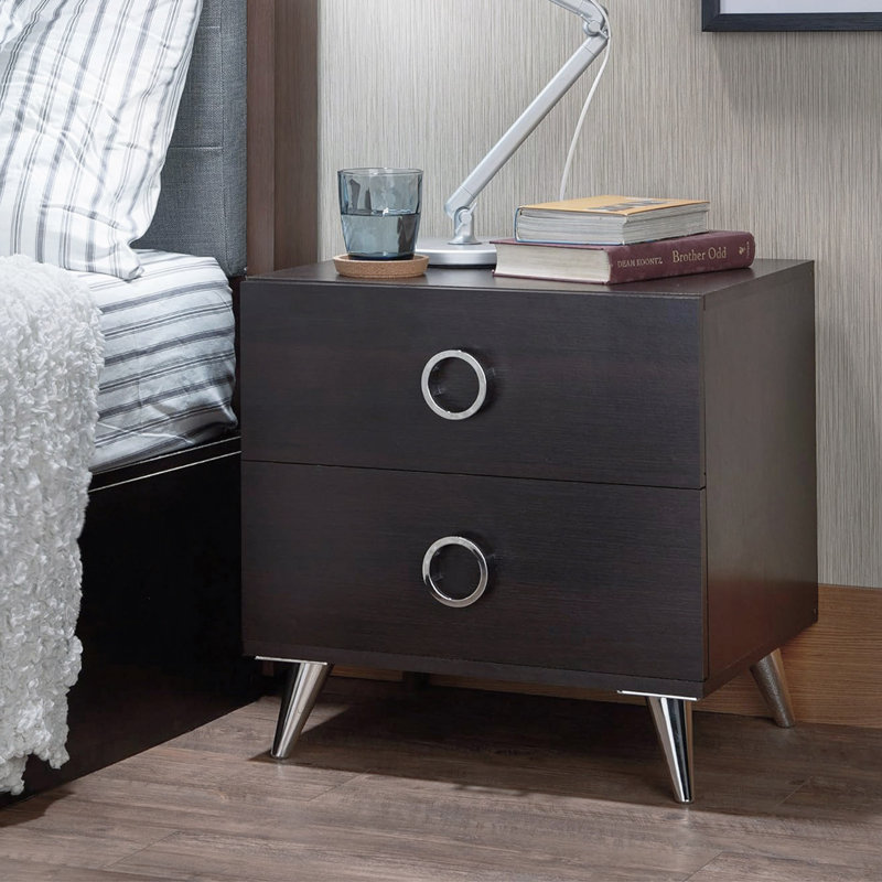 Table de chevet, 2 tiroirs en bois manufacturé avec pieds en plastique