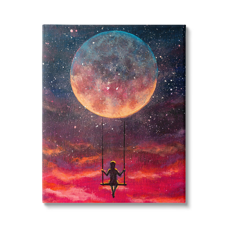 Art mural sur toile personne qui se balance de la lune par Valery Rybakow, H 20 po x l 16 po x P 1,5 po