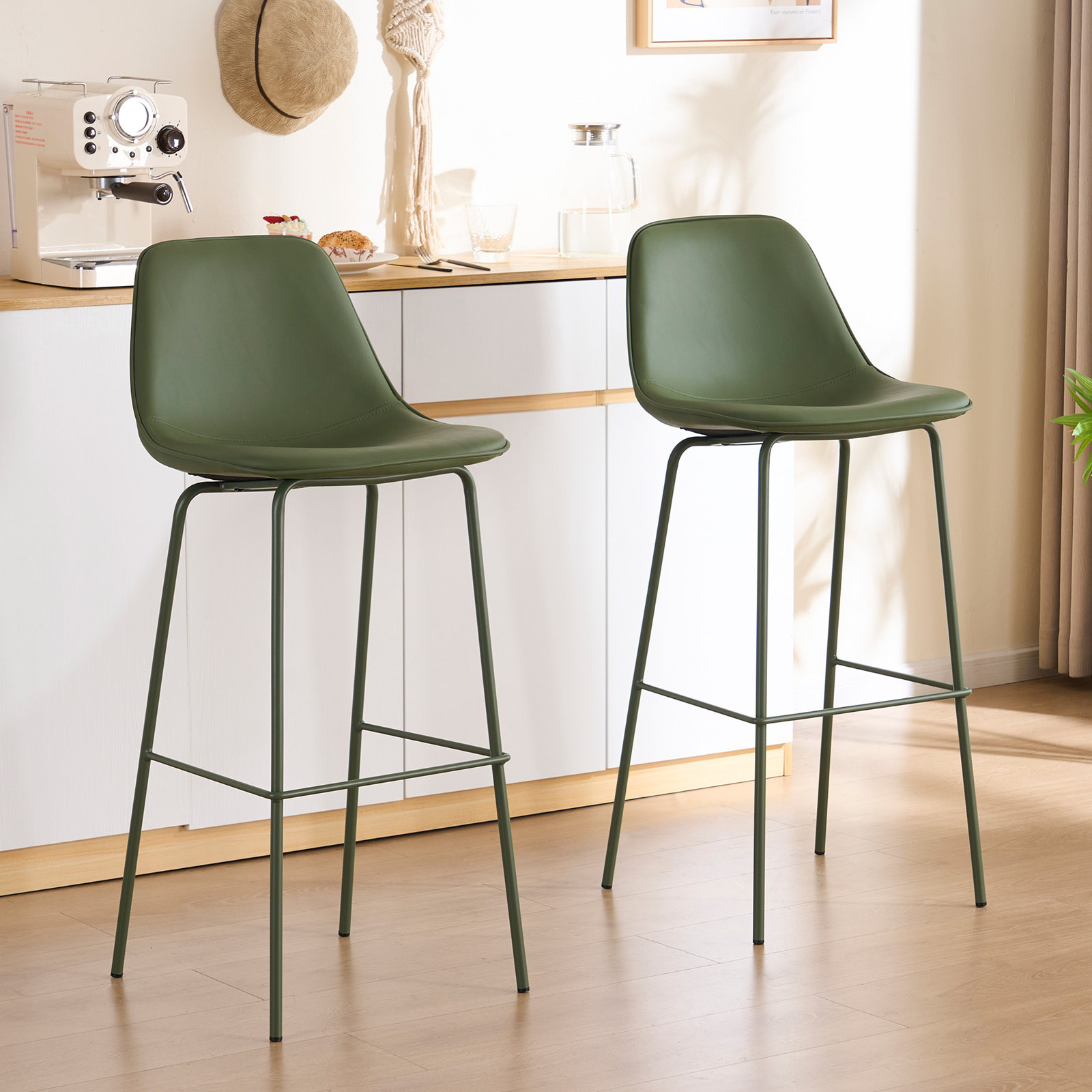 Kavi Bar and Counter Stool, Bean Green Faux Leather, Bar Stool (30" Seat Height)
