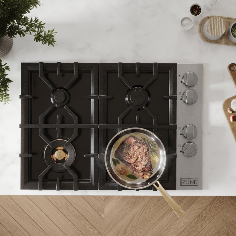ZLINE 30 in. Gas Cooktop with 4 Burners and Porcelain Top, Black Porcelain with Brass Burners