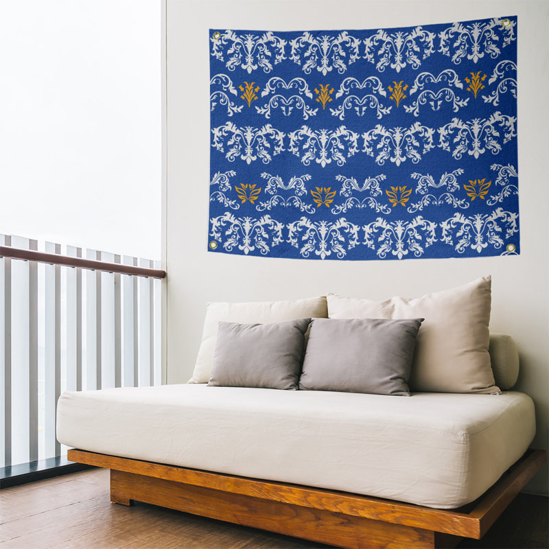 Tapisserie baroque en polyester Polyester, H 26 po x l 36 po, Bleu foncé / blanc / jaune