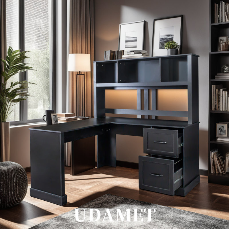 Bureau d'ordinateur avec huche, 2 tablettes et tiroirs, bureau imperméable, spacieux, multi-pièces, Blanc