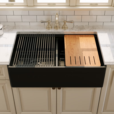 33" L X 20" W White Fireclay Double Bowl Workstation Farmhouse Kitchen Sink with Cutting Board And Dish-Drying Rack