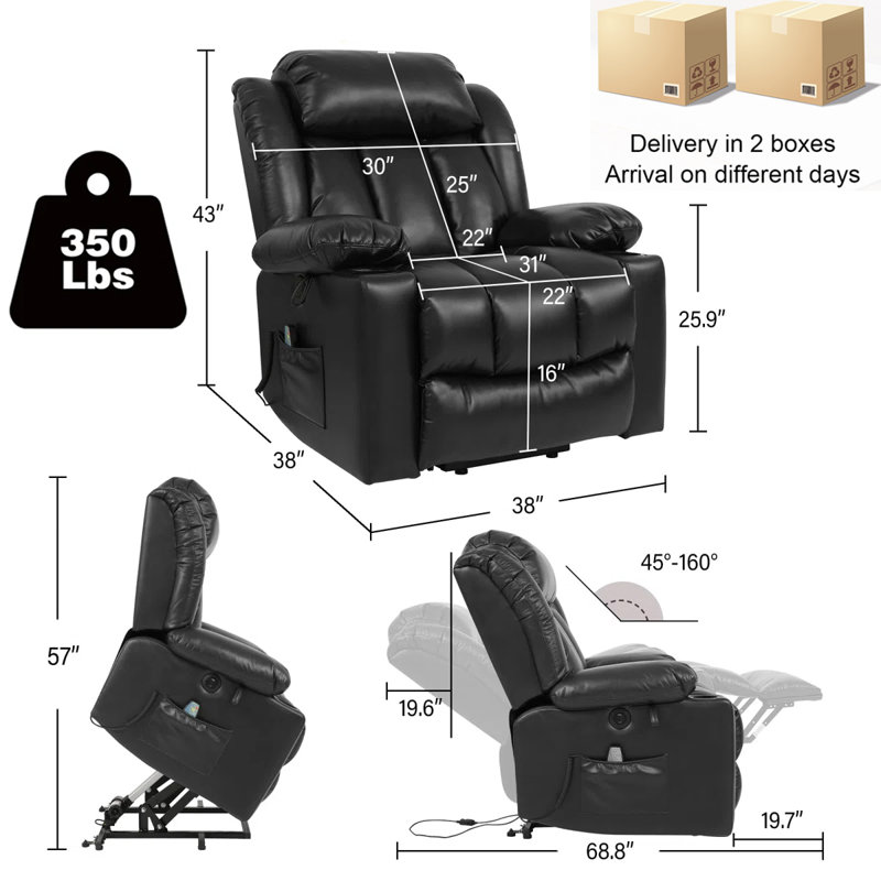 Fauteuil inclinable électrique en cuir avec port USB et porte-gobelet Power Lift, Noir