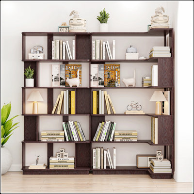 Bibliothèque moderne à 5 niveaux avec rangement en bois aggloméré, polyvalente et élégante pour la maison et le bureau