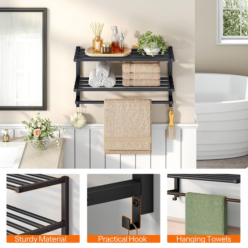 23.8" 3-Tier Wall Towel Rack with Rod & 2 Hooks