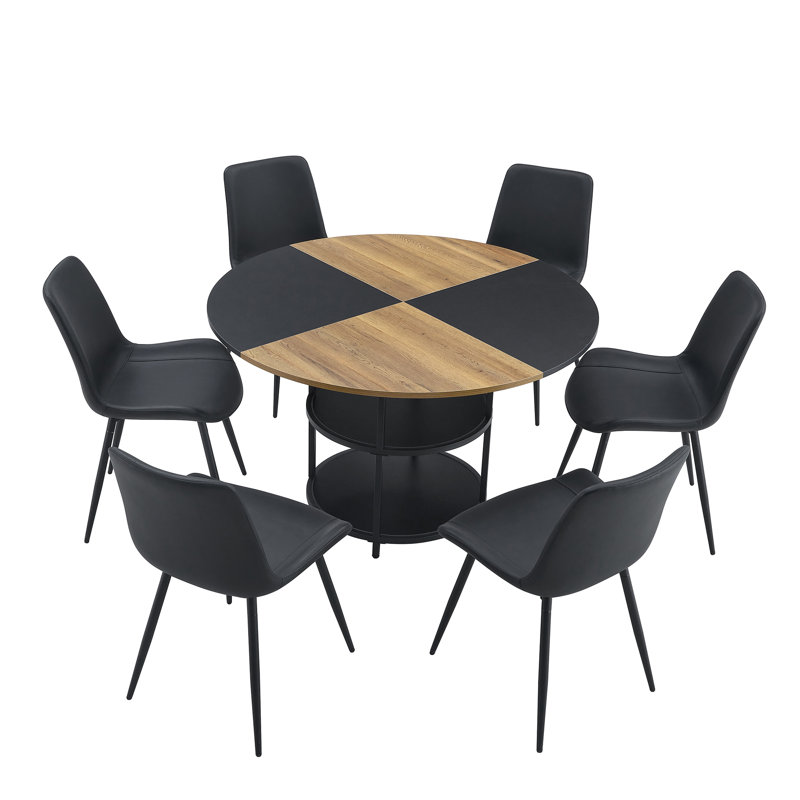 Ensemble de salle à manger Mid-Century, Noir, 7 pièces : table, 6 chaises