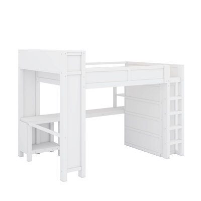 Grand lit mezzanine avec garde-robe et bureau, tête de lit avec rangement et port USB