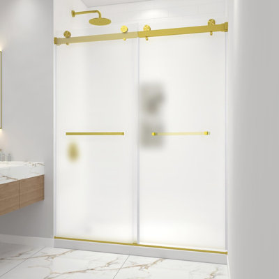 Porte de douche coulissante double sans cadre de 61 à 66 po x H 78 po en or brossé avec verre trempé givré de 1/4 po, poignée double