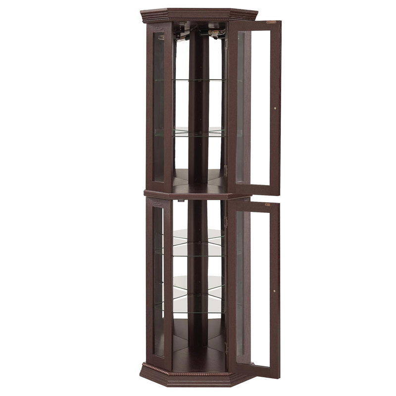 Vitrine de coin vitrée avec vitrine d'angle lumineuse, vitrine avec éclairage (inclus), bar, armoire à vin avec tablettes en verre réglables, décoration en cerisier clair (incluse)