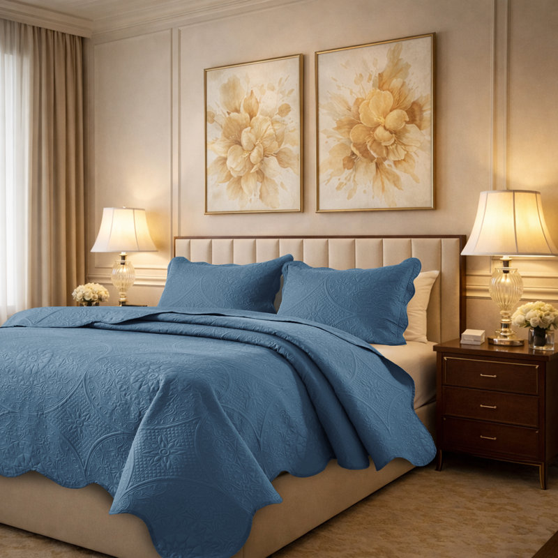 Floral Embossed Microfiber Quilt Set Pre-Washed  Soft Bedspread, Washed Blue, Queen Bedspread + 2 Standard Pillowcases